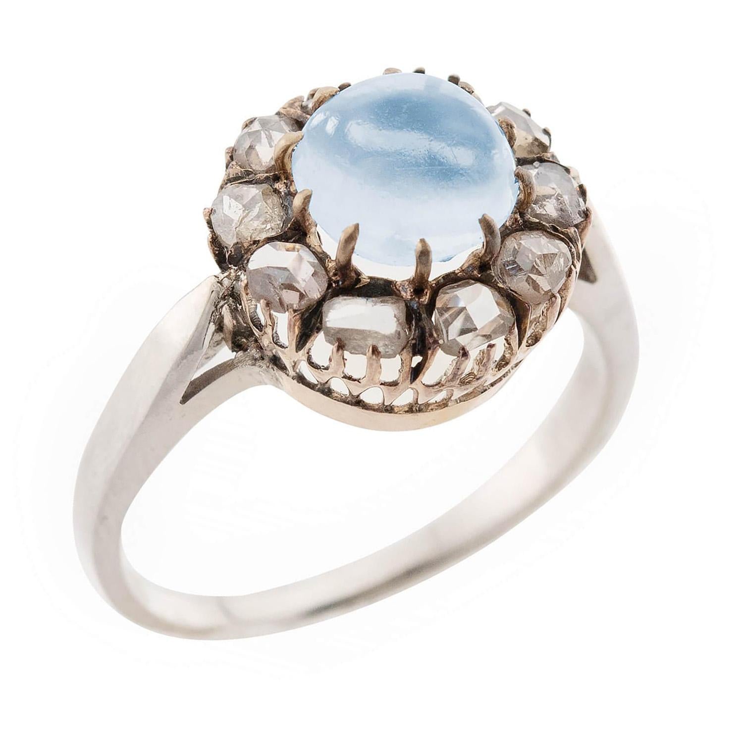 Victorian 14k/Sterling Silver Moonstone and Diamond Halo Ring