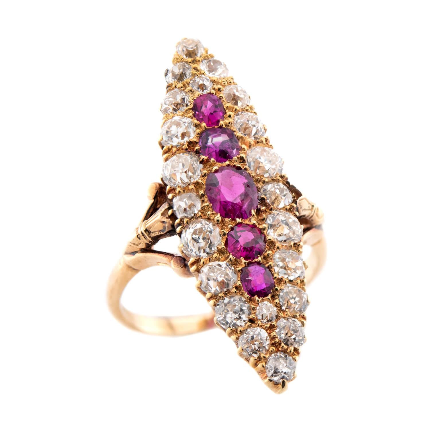 Victorian 14k Ruby & Diamond Navette Ring