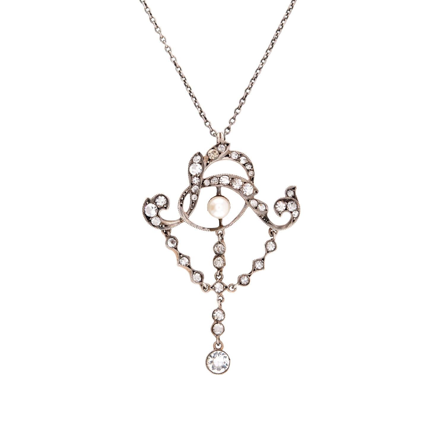 Art Nouveau Sterling Silver Paste and Pearl Lavalier Necklace