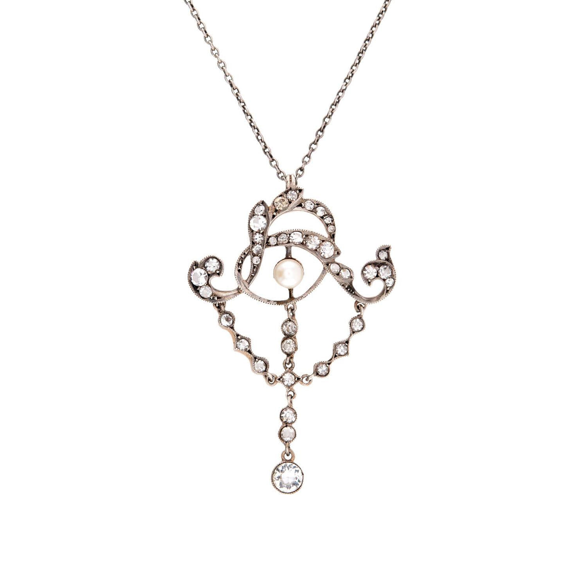 Art Nouveau Sterling Silver Paste and Pearl Lavalier Necklace
