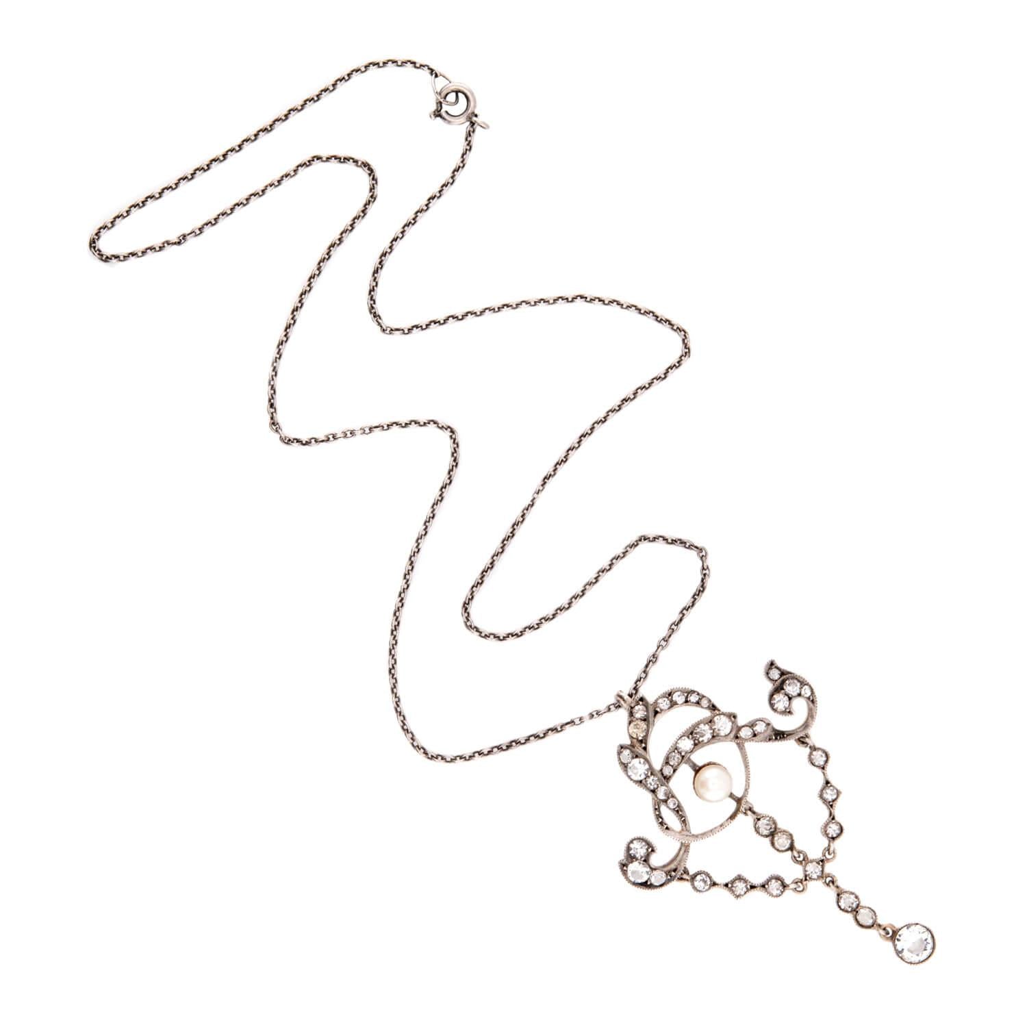 Art Nouveau Sterling Silver Paste and Pearl Lavalier Necklace