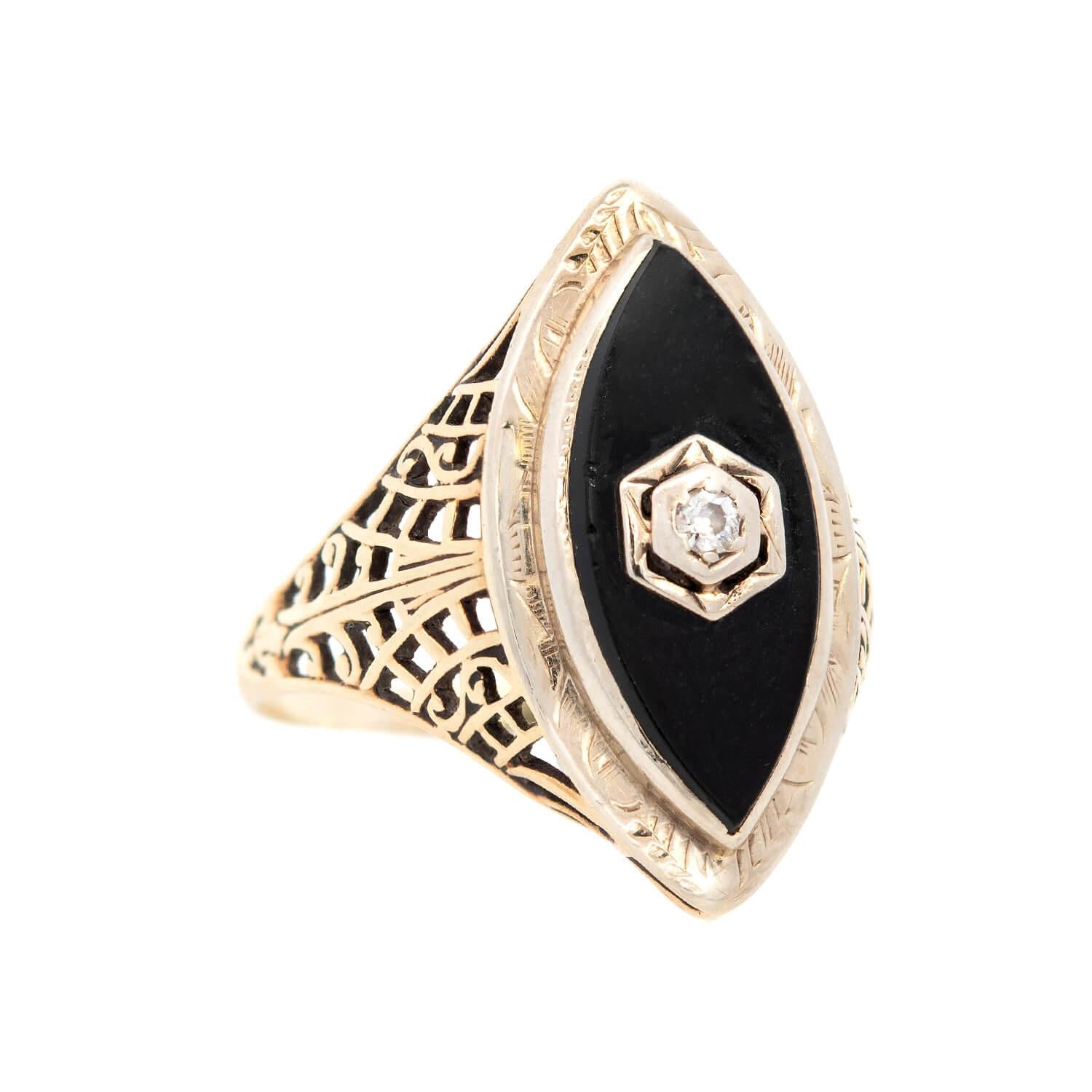 Art Deco 14K Onyx and Diamond Filigree Navette Ring