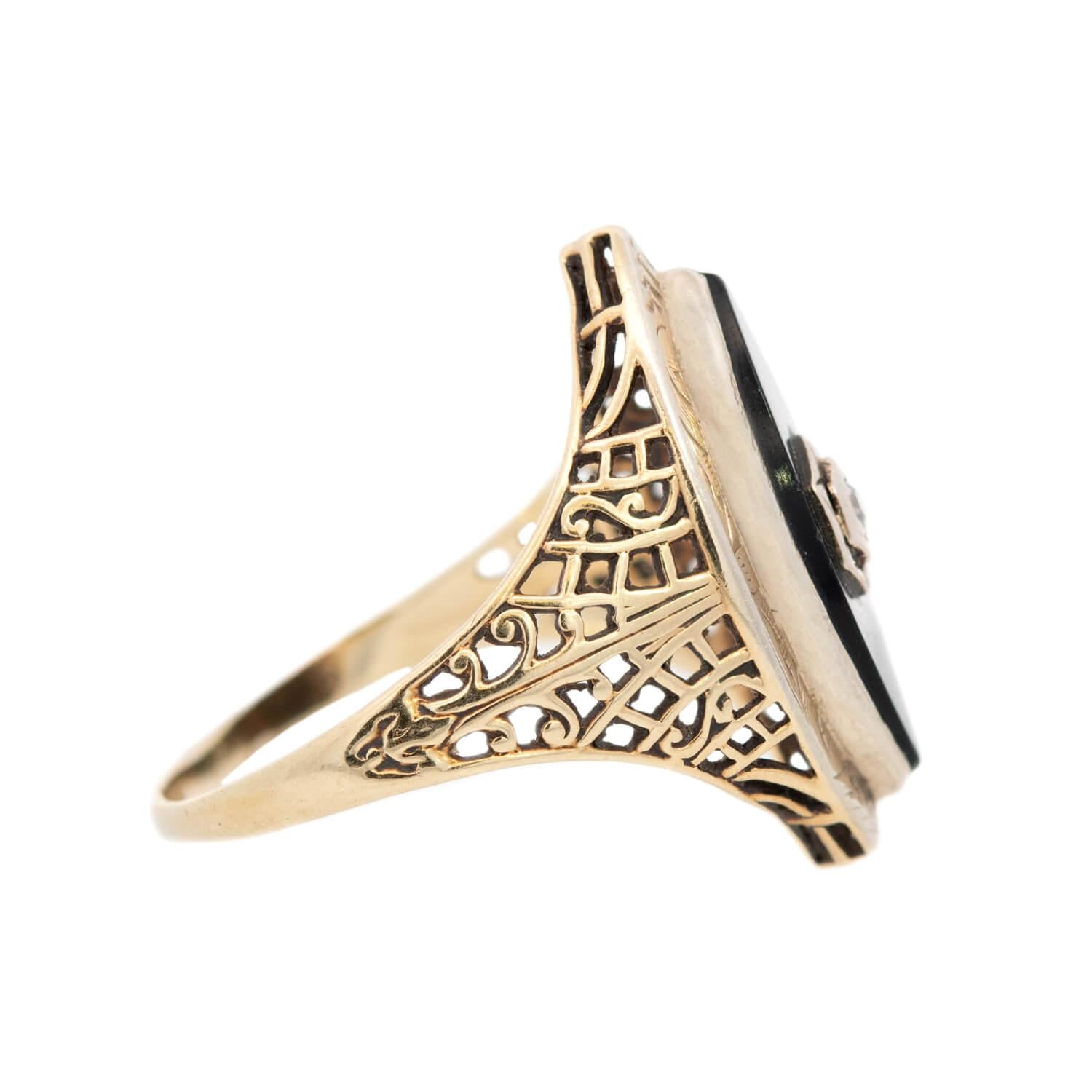 Art Deco 14K Onyx and Diamond Filigree Navette Ring