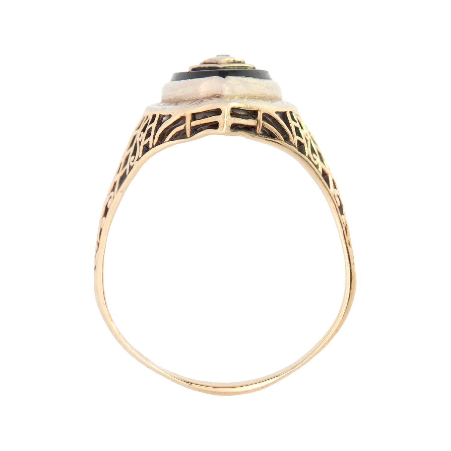 Art Deco 14K Onyx and Diamond Filigree Navette Ring