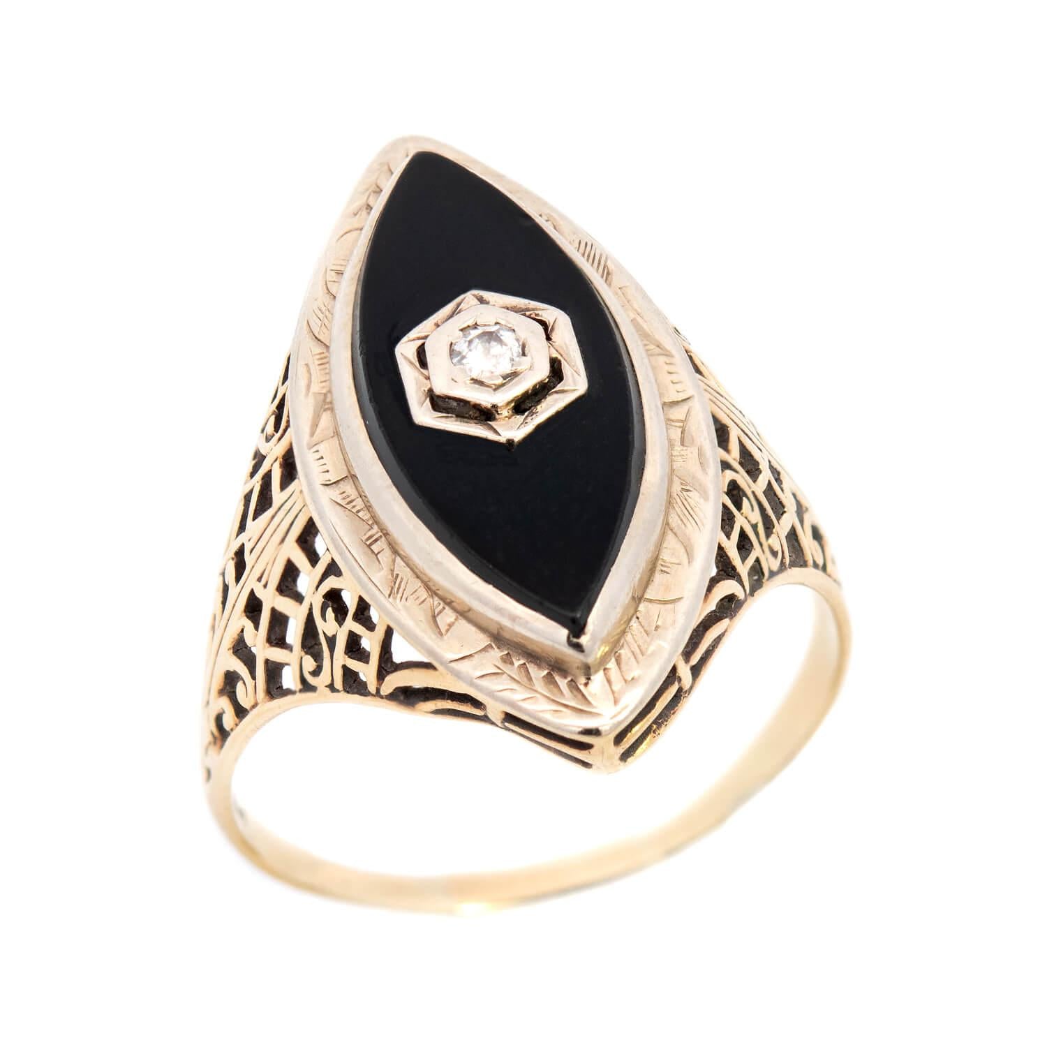 Art Deco 14K Onyx and Diamond Filigree Navette Ring