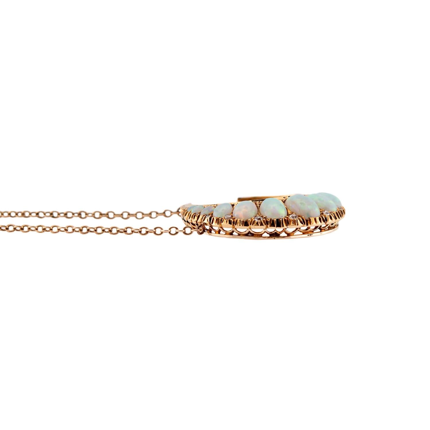 Victorian 18k Opal & Diamond Crescent Pendant Necklace