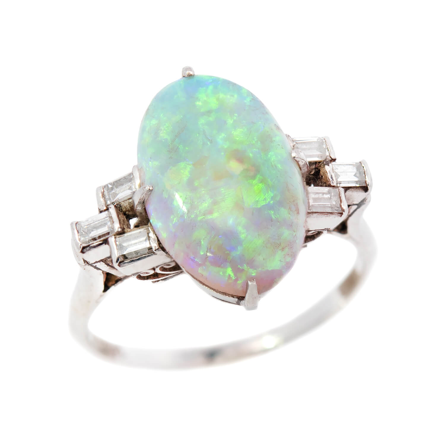 Retro Platinum Diamond & Opal Ring