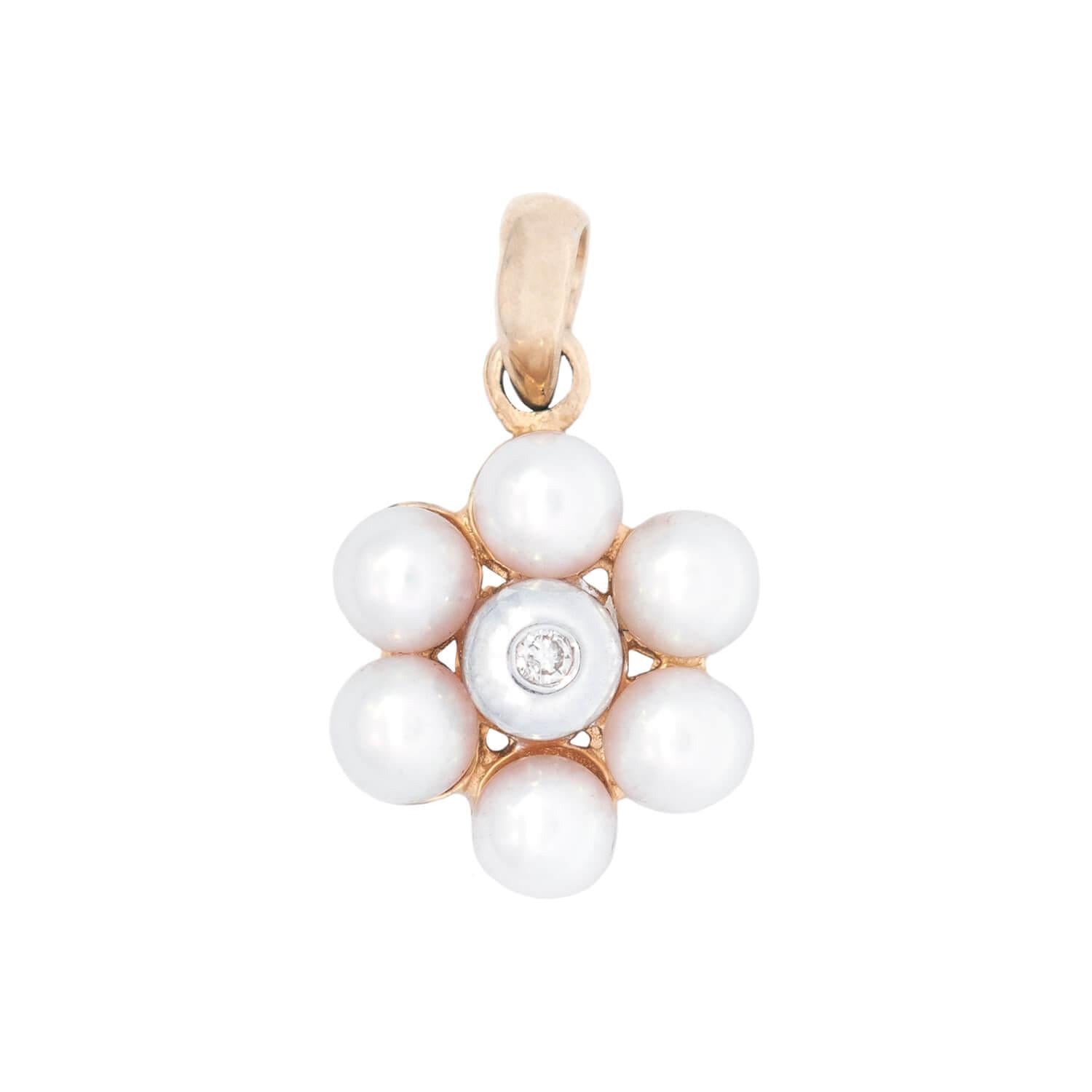 Estate 14k Pearl and Diamond Flower Pendant