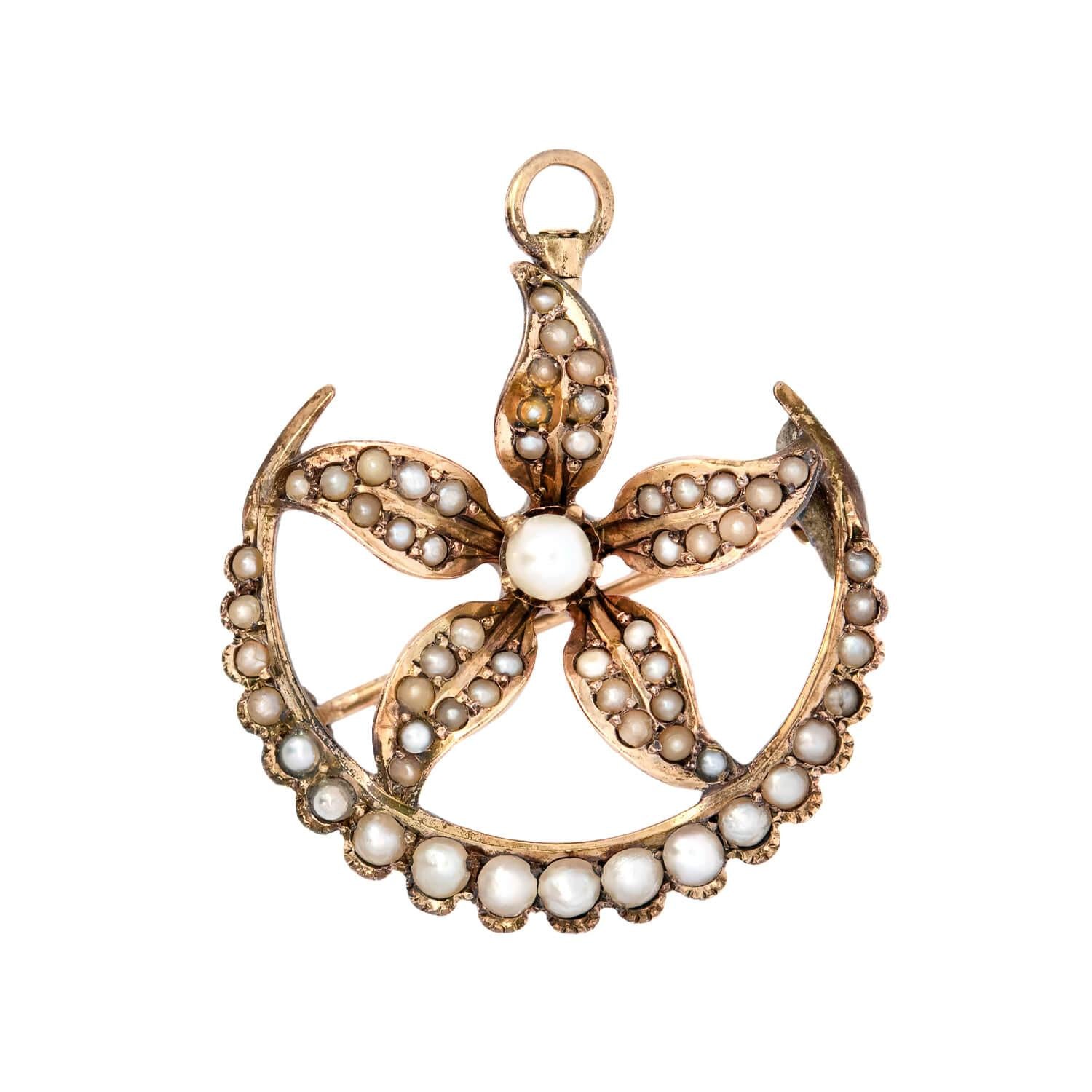 Victorian 14k Pearl Flower and Crescent Moon Pin/Pendant