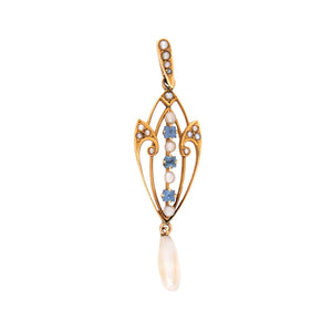 KREMENTZ & CO. Art Nouveau 14k Pearl & Sapphire Lavalier Pendant/Charm