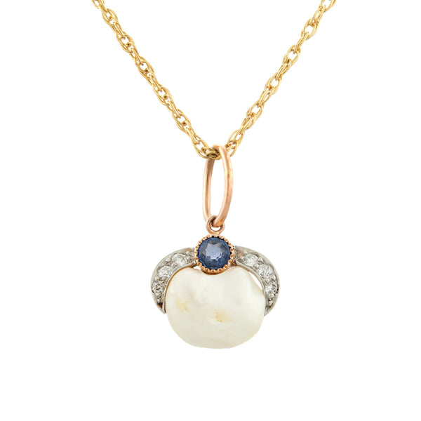 Late Victorian 14k/Platinum Natural South Sea Pearl, Sapphire, and Diamond Purse Necklace
