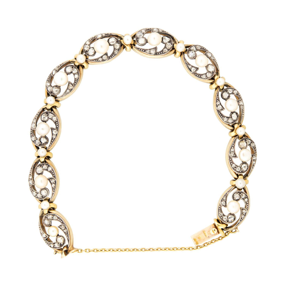 Victorian French 18k/Sterling Silver Pearl and Diamond Bracelet