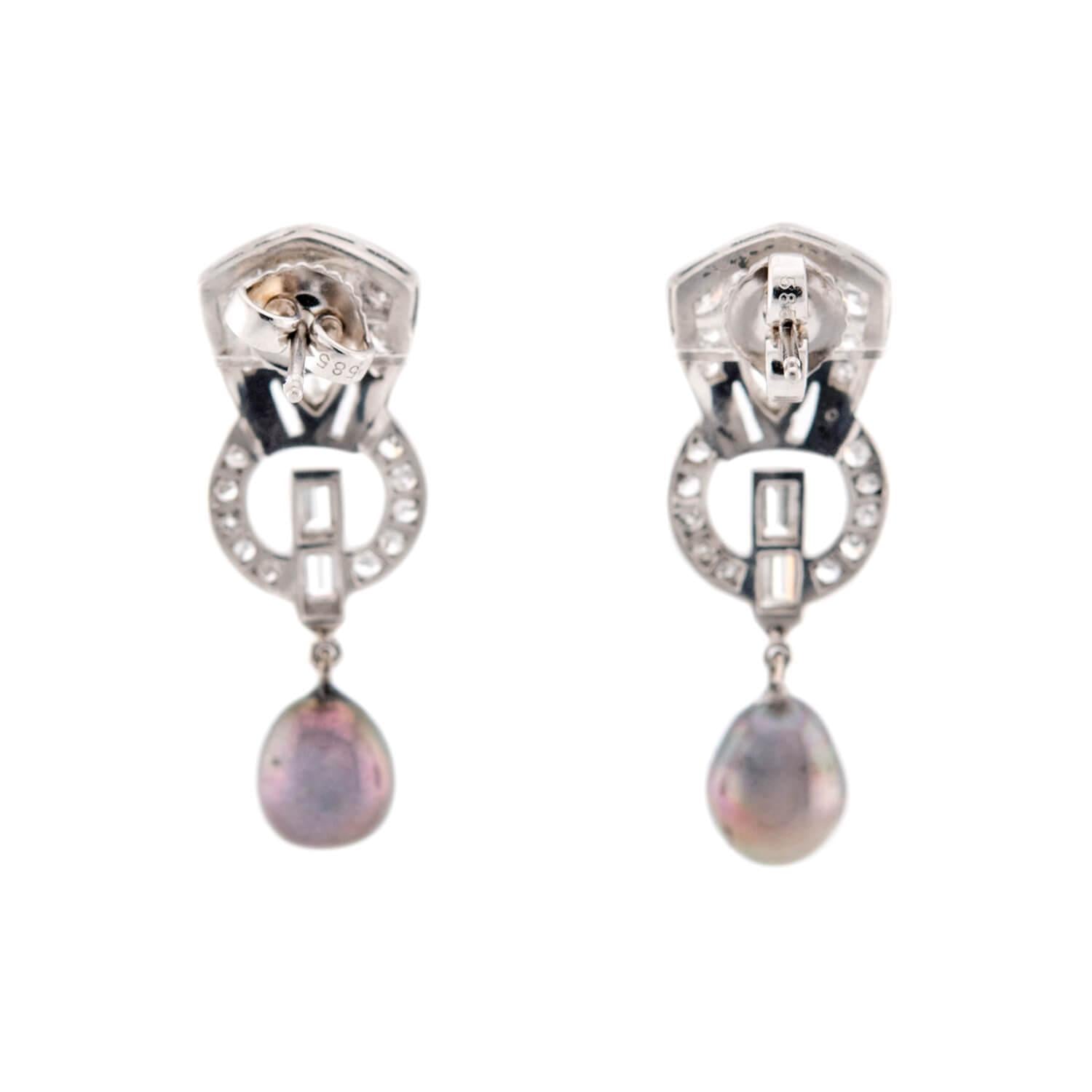 Art Deco Platinum/14K Diamond & Pearl Dangle Earrings
