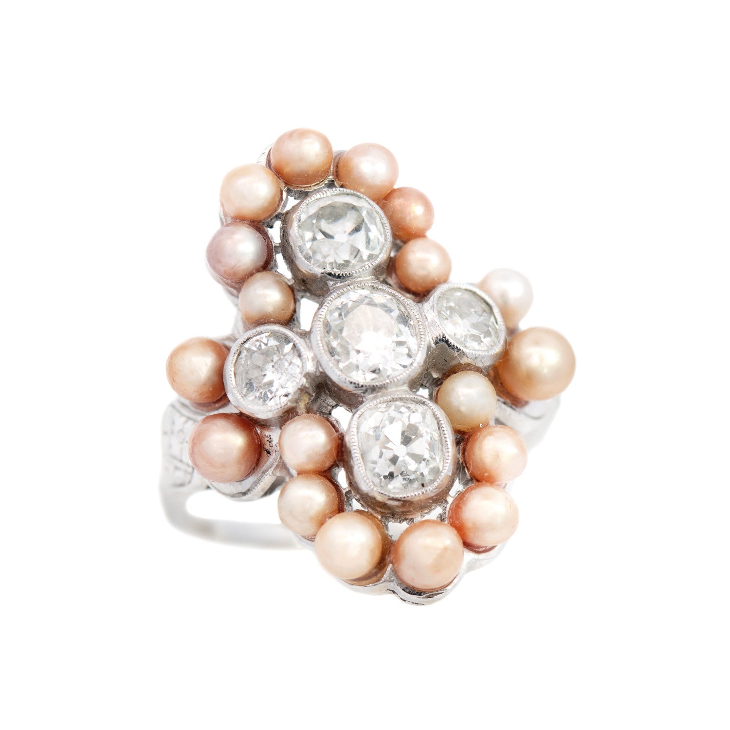 Victorian Platinum Natural Pearl & Diamond Ring 1.50ctw