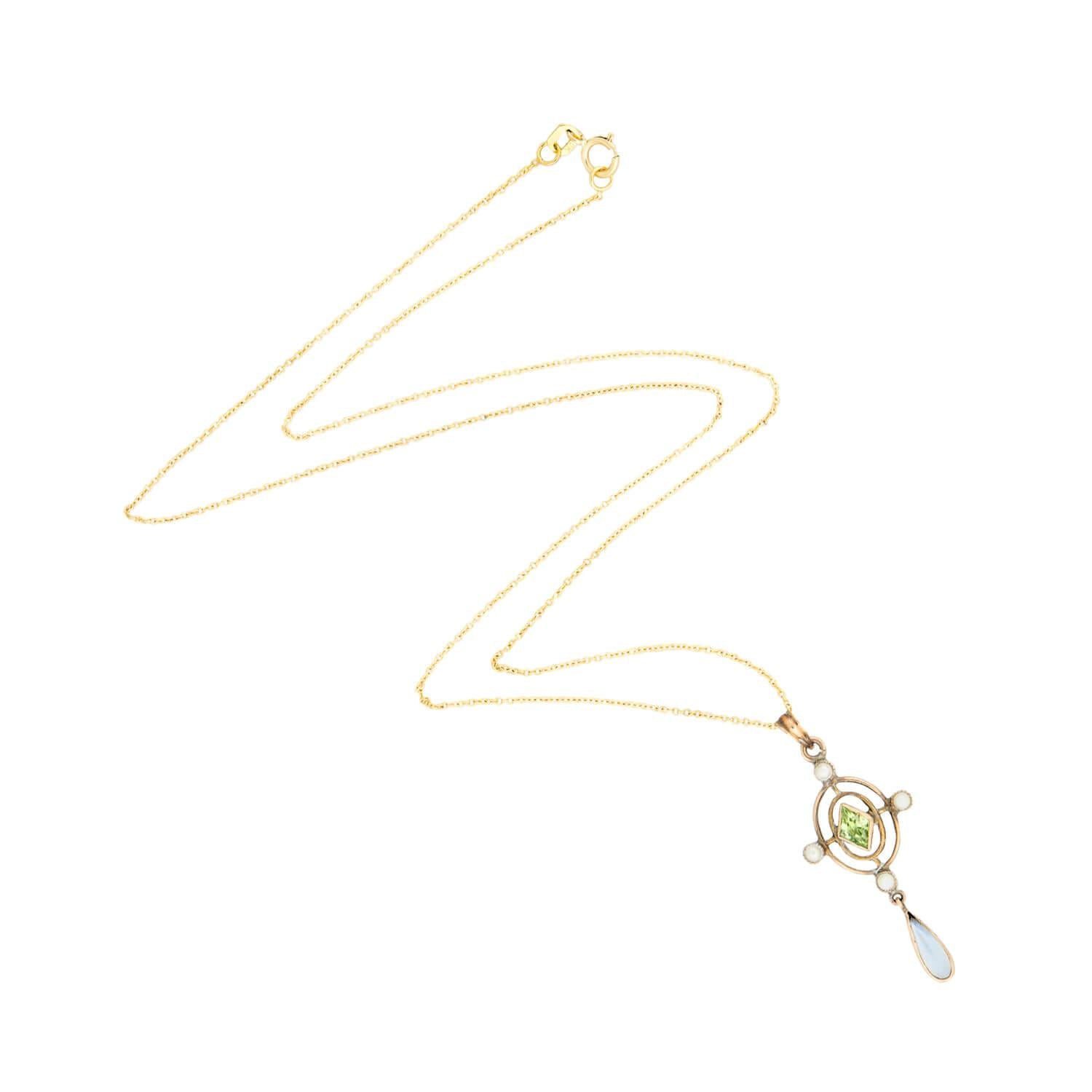 Art Nouveau 10k Lavalier Peridot, Moonstone, and Pearl Necklace