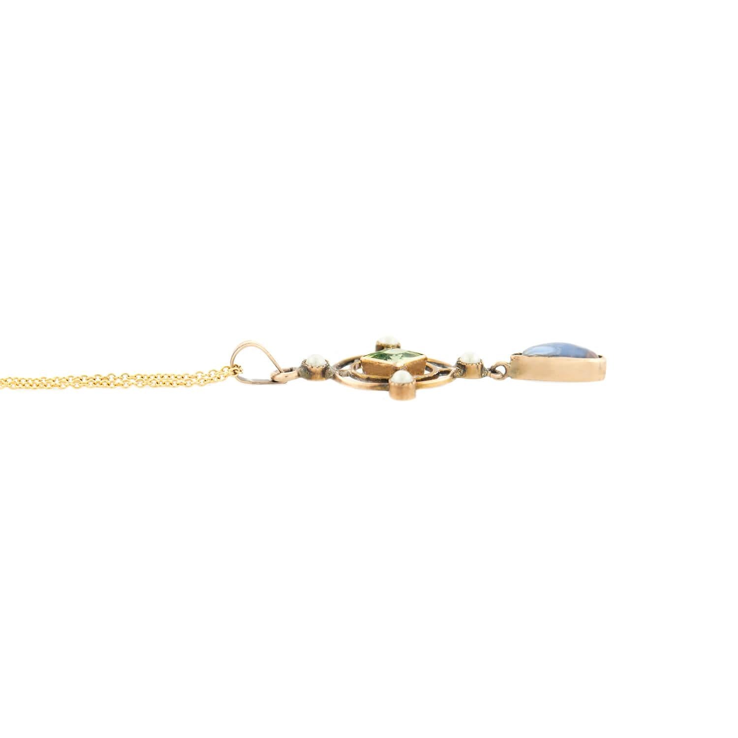 Art Nouveau 10k Lavalier Peridot, Moonstone, and Pearl Necklace