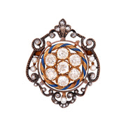 Victorian 14k Sterling Silver Diamonds Natural Pearls Enamel Pin/Pendant