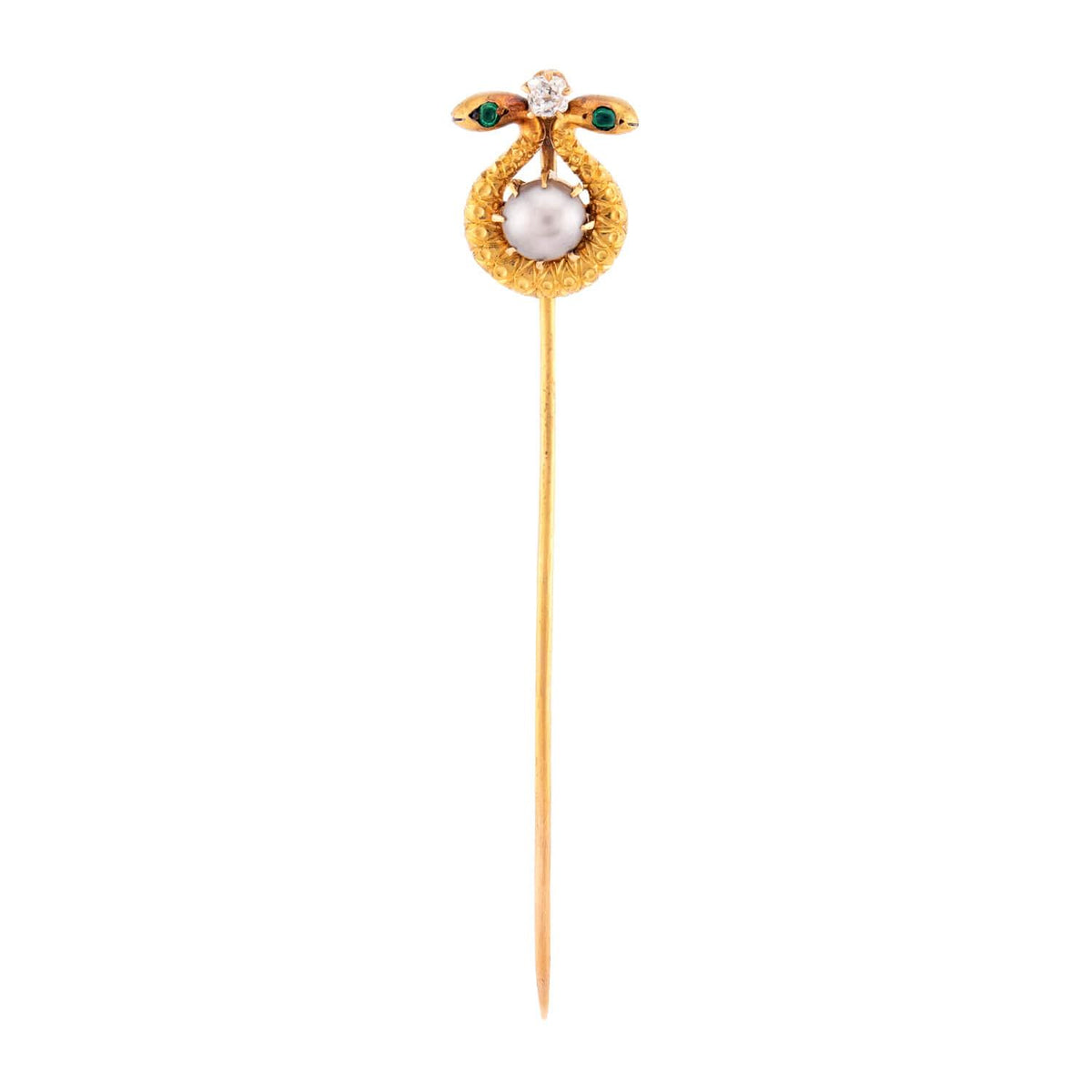 Victorian 14k Emerald, Diamond, & Pearl Snake Stick Pin