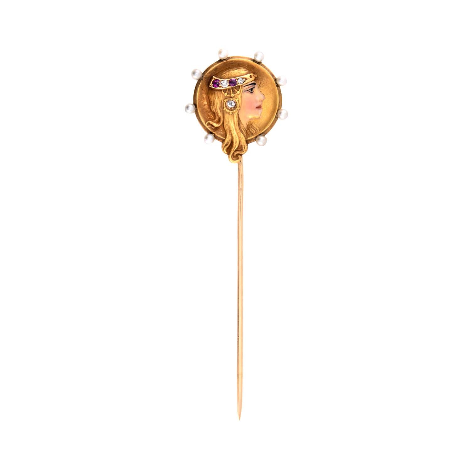 Art Nouveau 14k Enamel, Ruby, Diamond, & Pearl Lady Stick Pin
