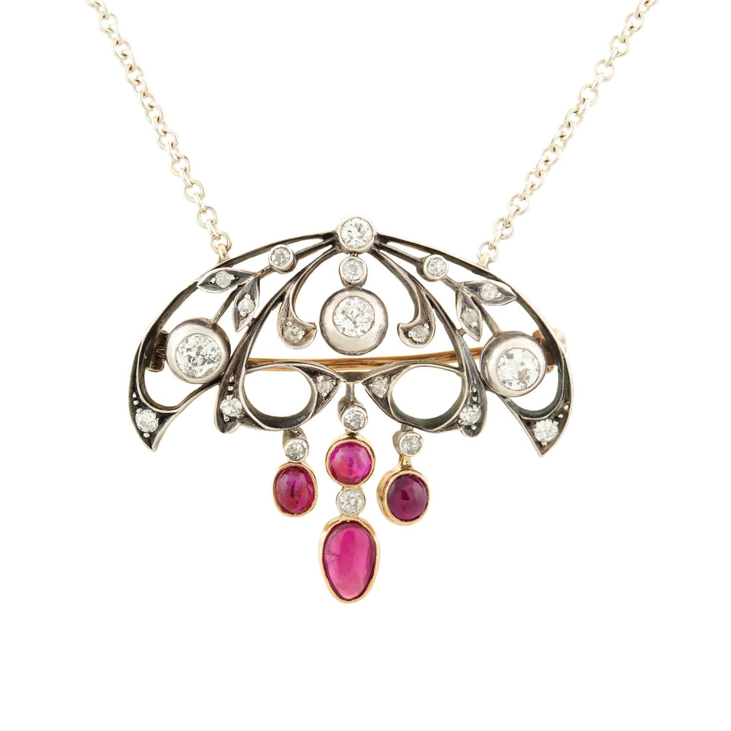 Art Nouveau 18k/Sterling Silver Diamond and Ruby Pin/Pendant