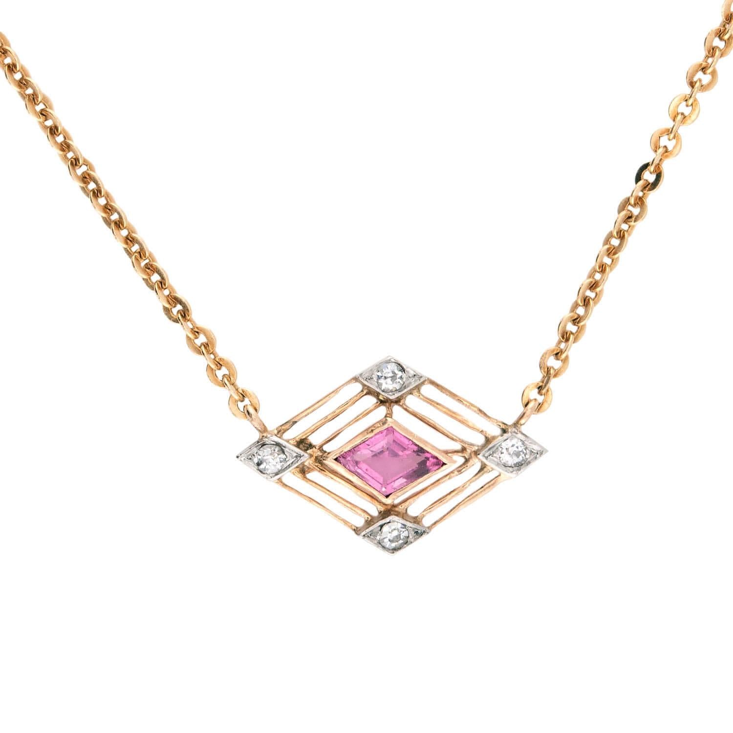 Victorian 14k Tourmaline and Diamond Pendant Necklace
