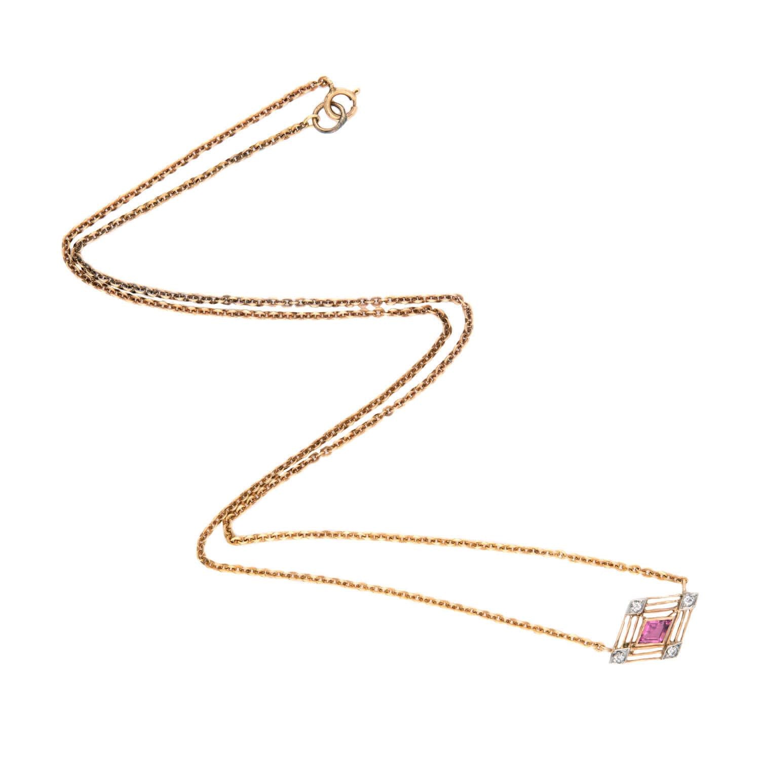 Victorian 14k Tourmaline and Diamond Pendant Necklace