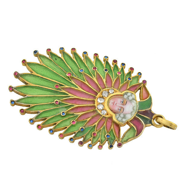 Art Nouveau Gilt Gemstone Plique à Jour Court Jester Pendant