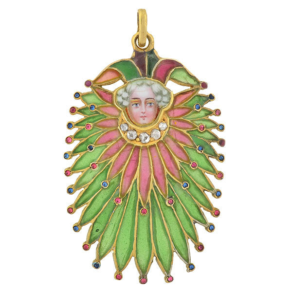 Art Nouveau Gilt Gemstone Plique à Jour Court Jester Pendant