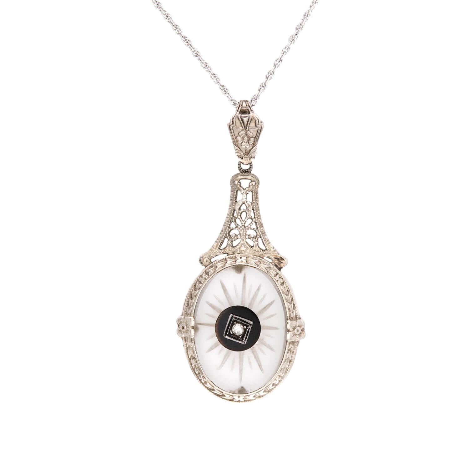 Art Deco 14k Rock Quartz Crystal, Onyx, and Diamond Pendant Necklace