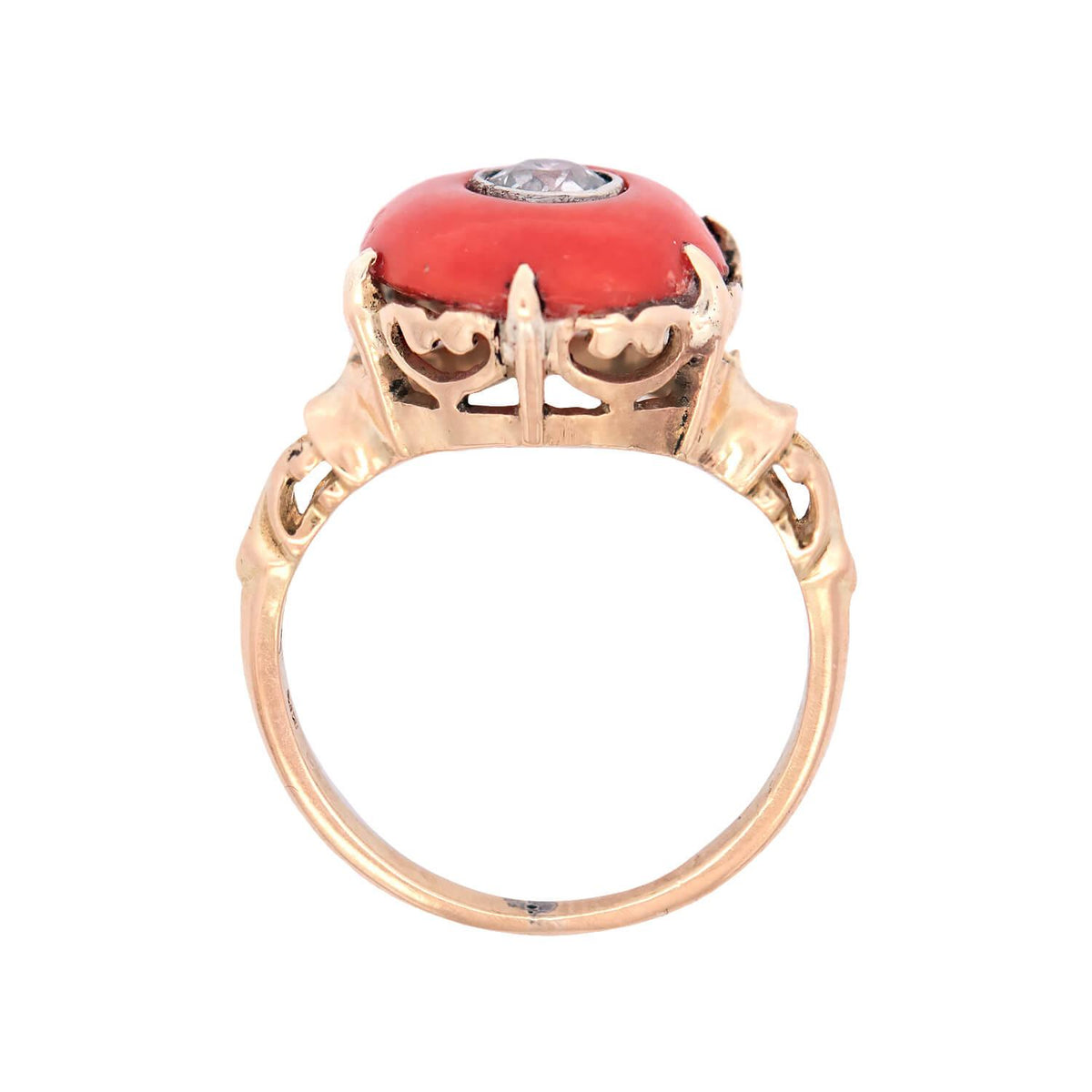 Edwardian 14K/Platinum Diamond and Coral Bead Ring