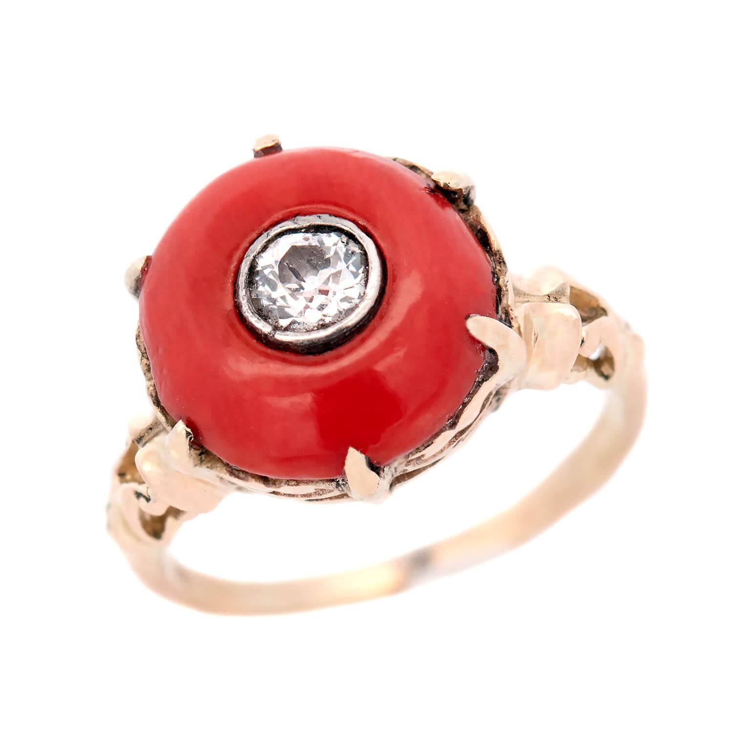 Edwardian 14K/Platinum Diamond and Coral Bead Ring