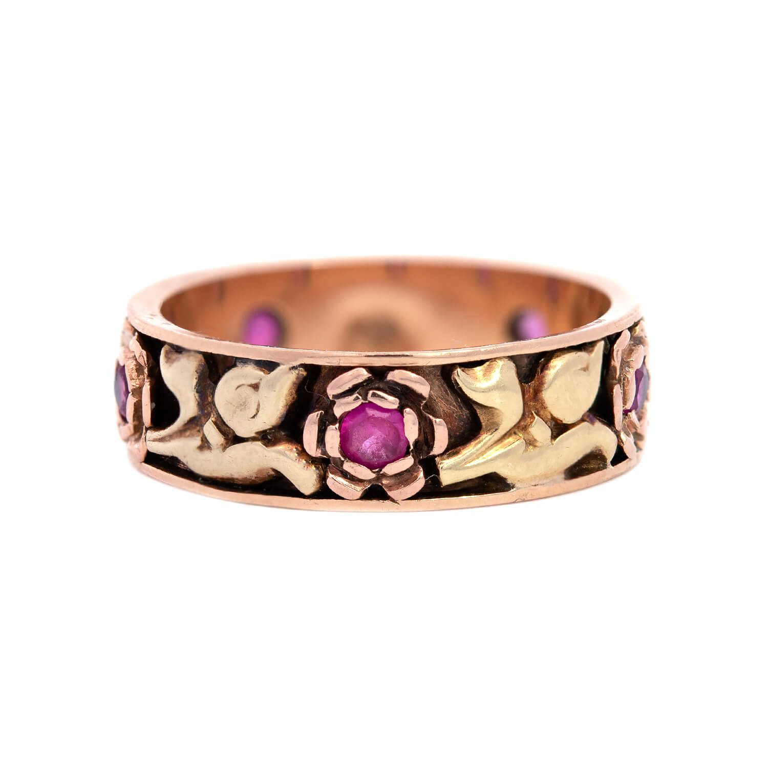 Retro 14k Gold Ruby Flower Motif Band