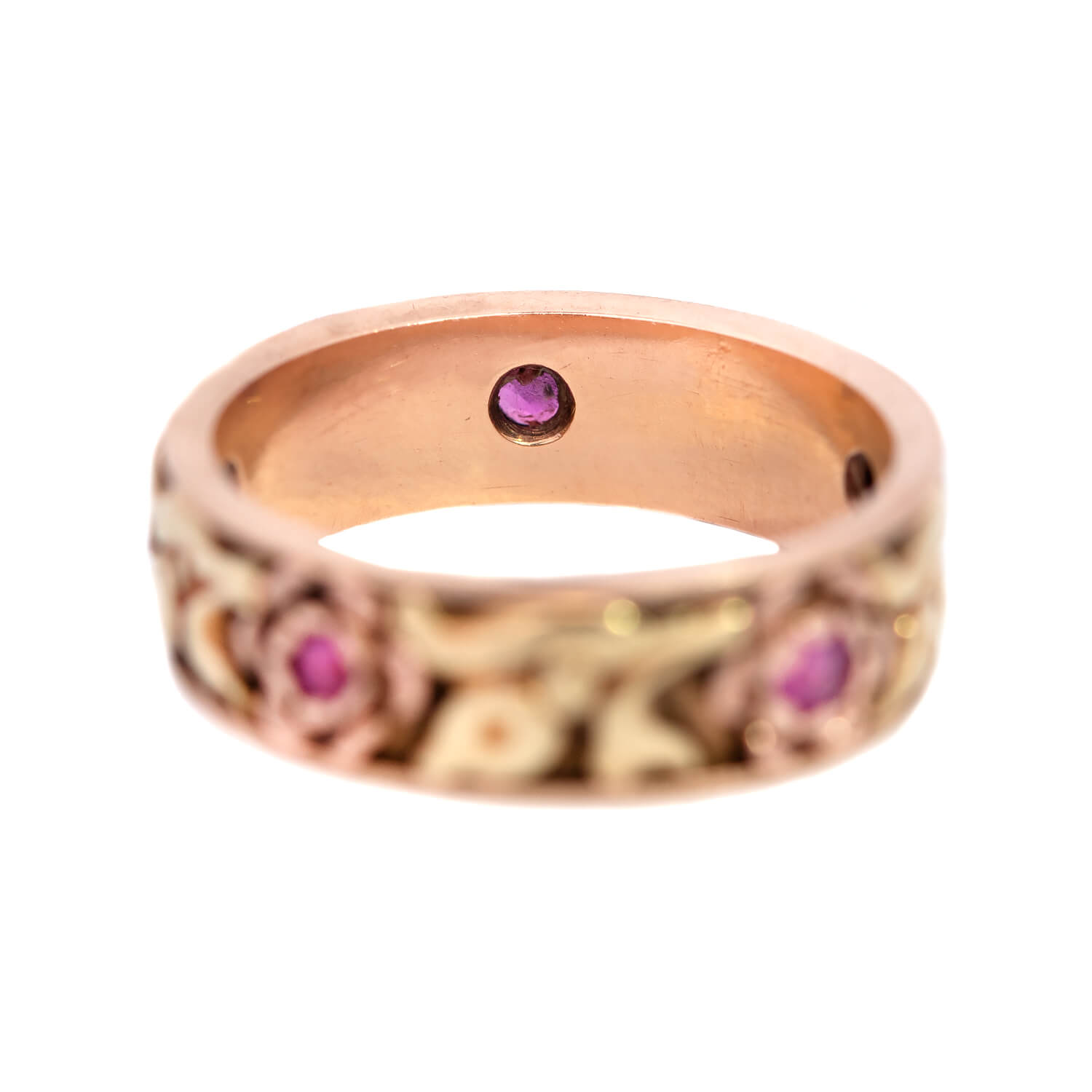 Retro 14k Gold Ruby Flower Motif Band