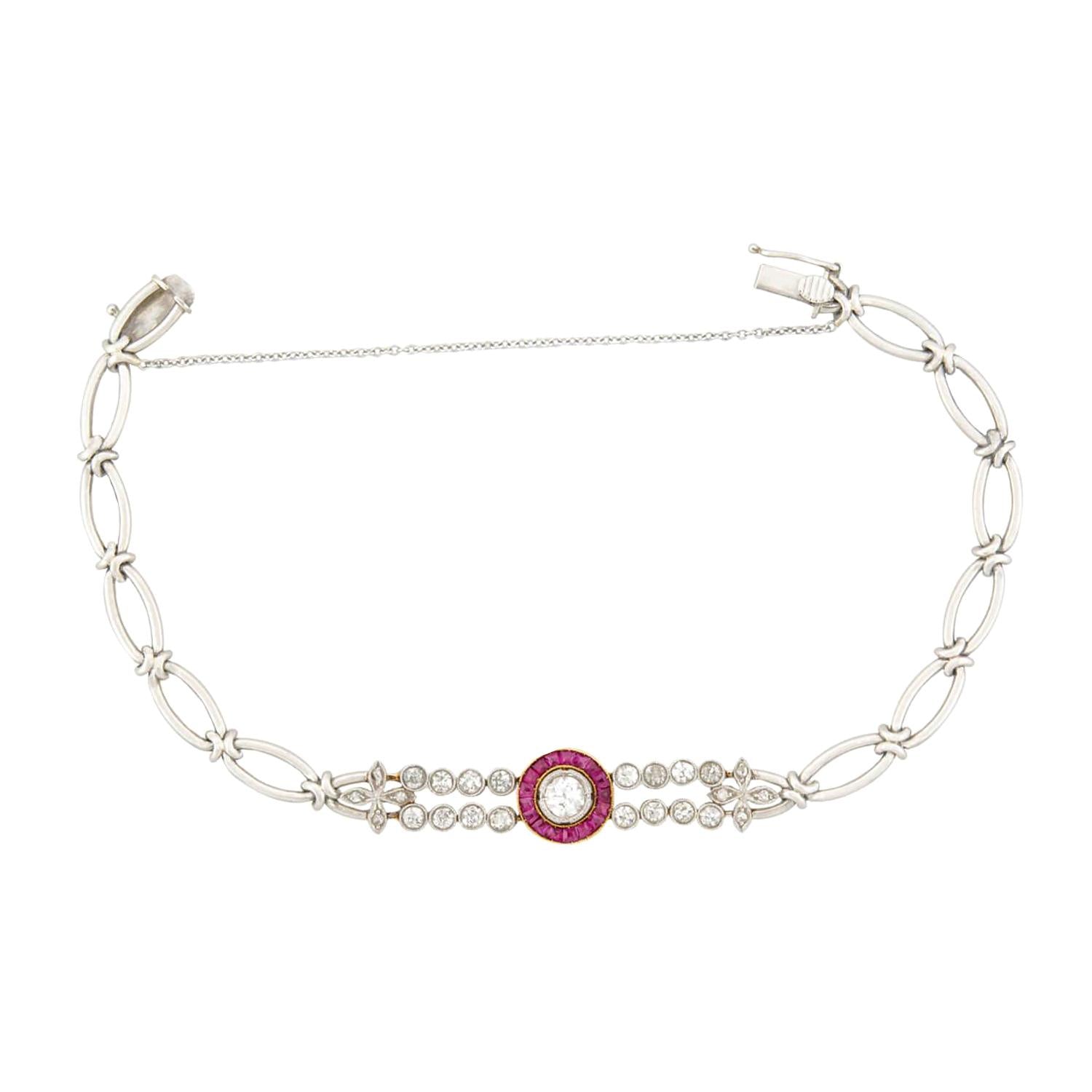 Edwardian 18k/Platinum Diamond and Ruby Halo Bracelet