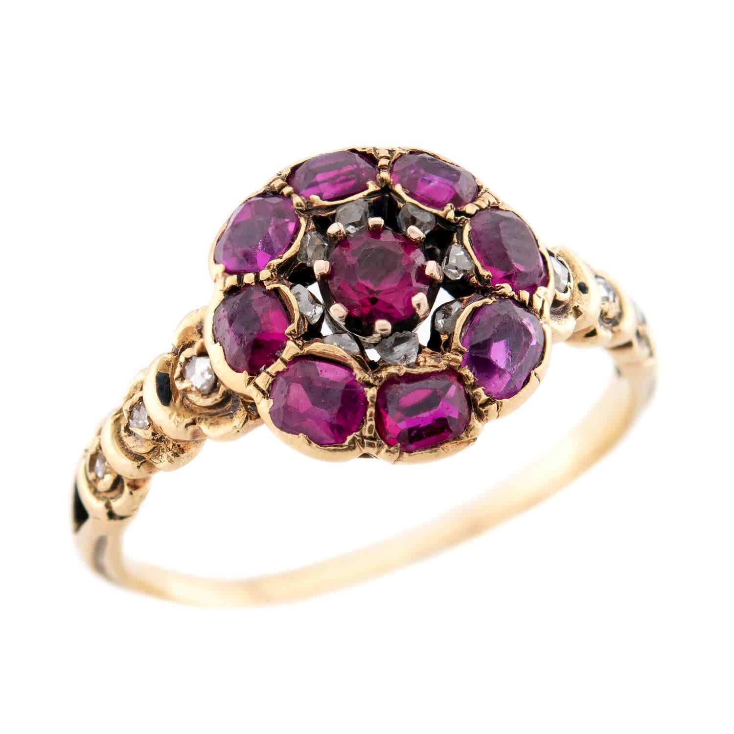 Georgian 18k Ruby & Diamond Cluster Ring