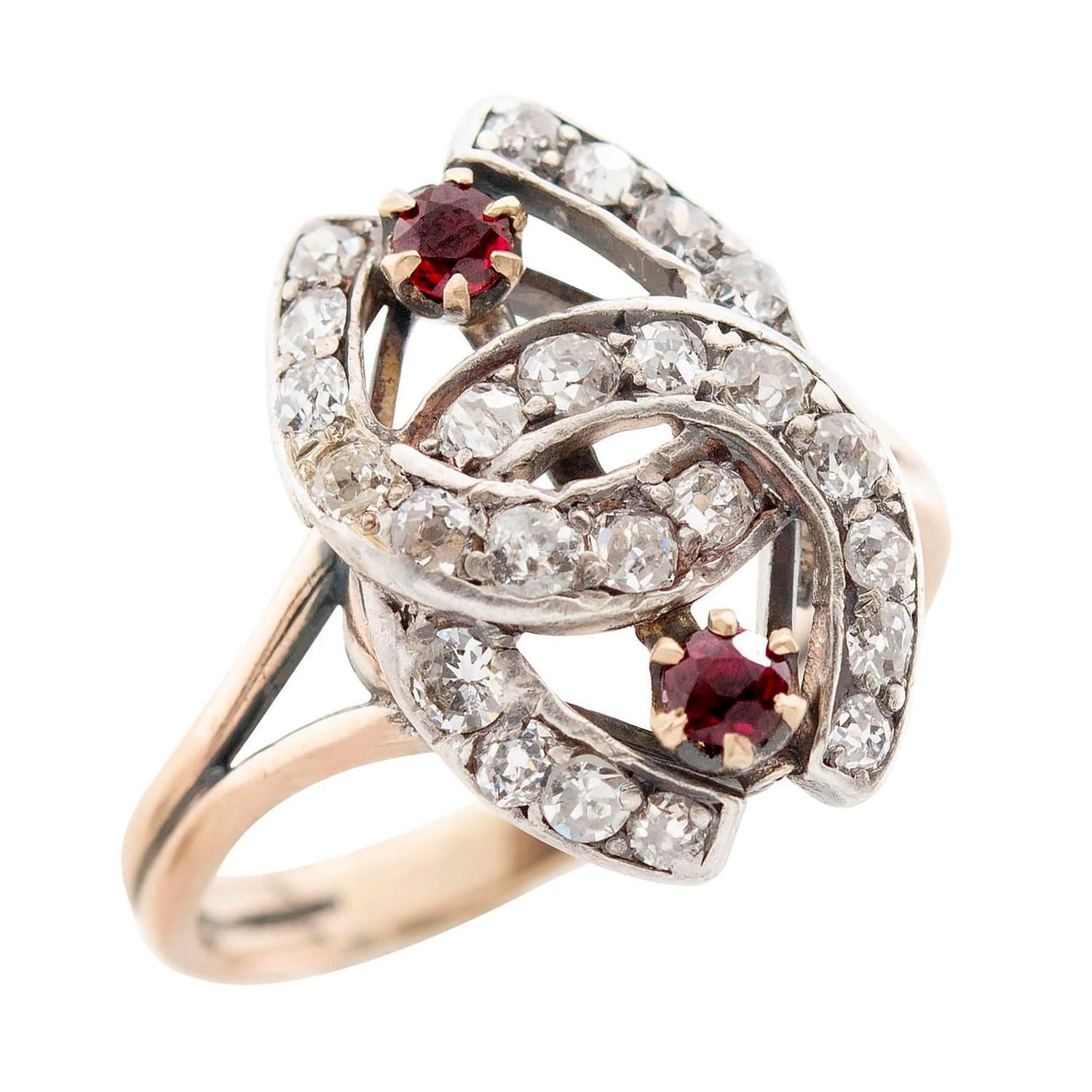 Victorian 14k/Sterling Silver Diamond and Ruby Double Horseshoe Ring