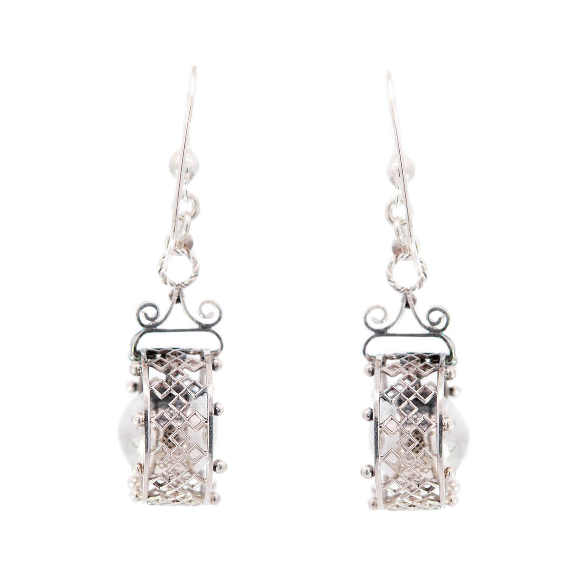 Victorian Sterling Silver Geometric Hoop and Ball Dangle Earrings