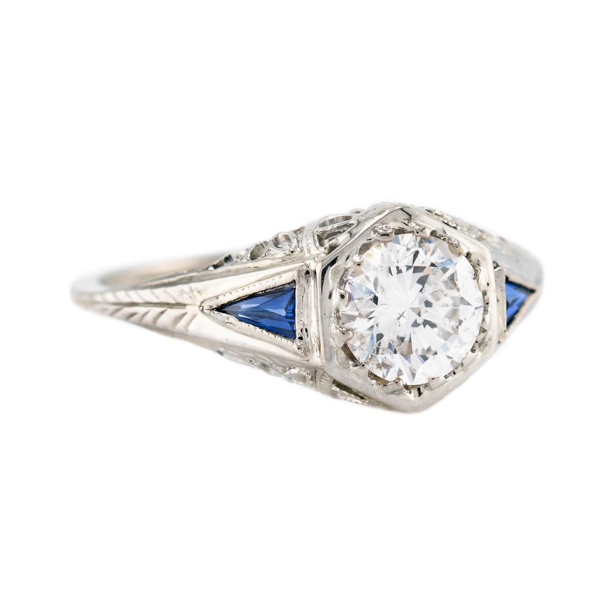 Art Deco 18k Diamond & Sapphire Engagement Ring .73ct