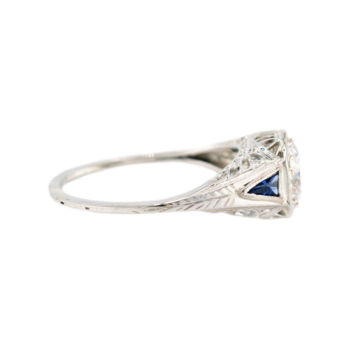 Art Deco 18k Diamond & Sapphire Engagement Ring .73ct