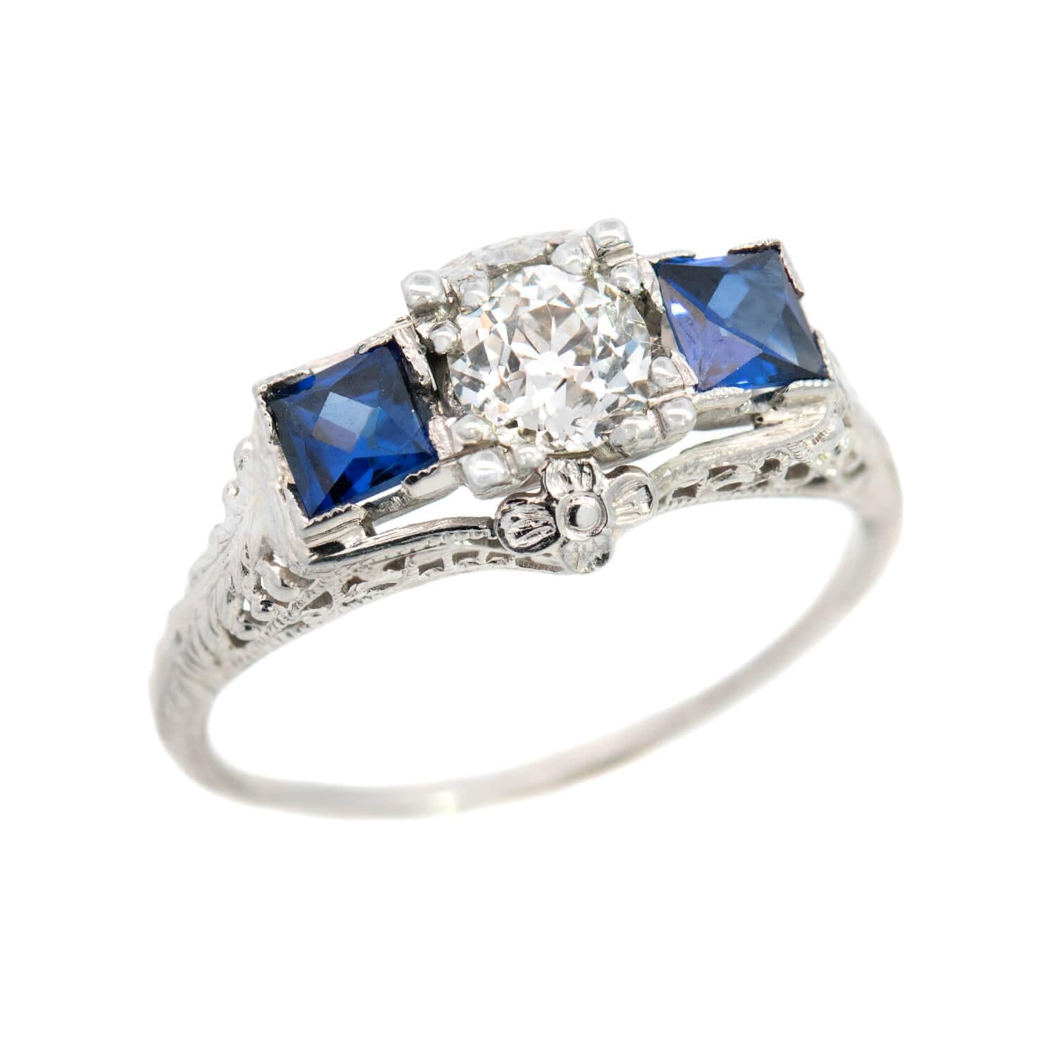 Art Deco Platinum Diamond and Sapphire Engagement Ring