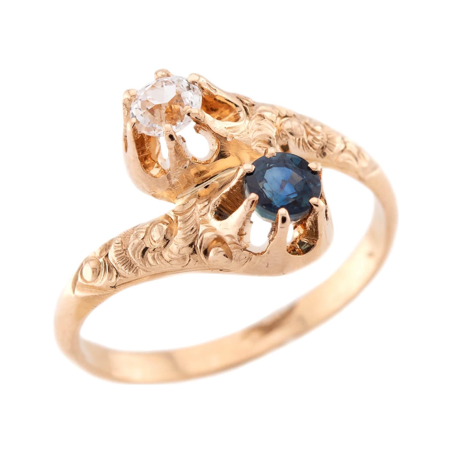 Art Nouveau 14k Sapphire & Diamond Moi et Toi Ring