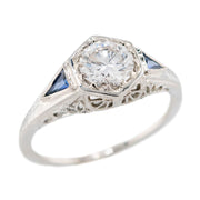 Art Deco 18k Diamond & Sapphire Engagement Ring .73ct