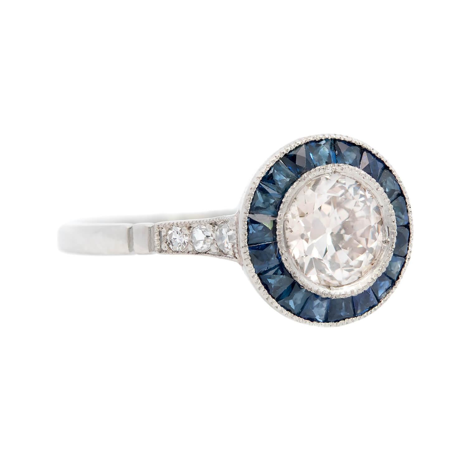 Art Deco Style Platinum Diamond and Sapphire Engagement Ring .80ct