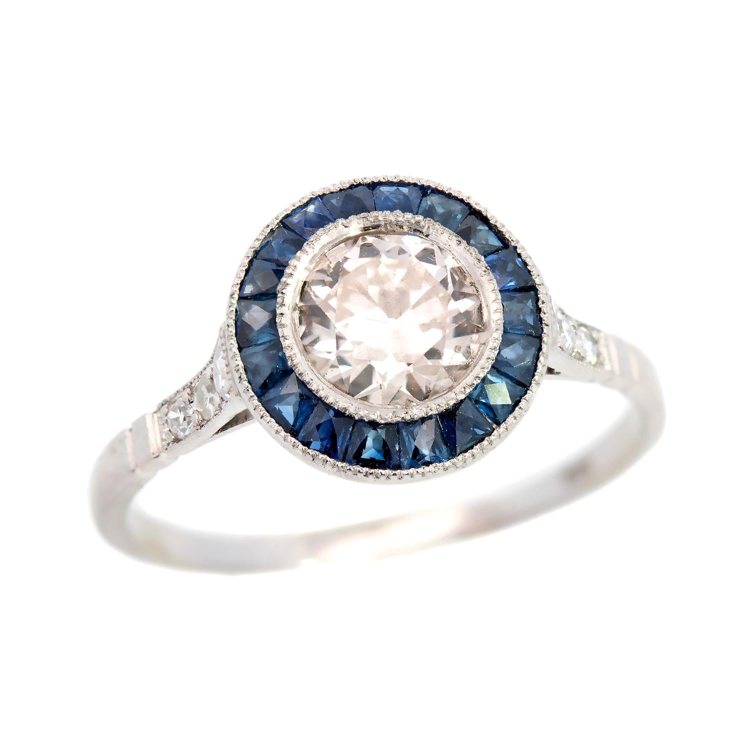 Art Deco Style Platinum Diamond and Sapphire Engagement Ring .80ct