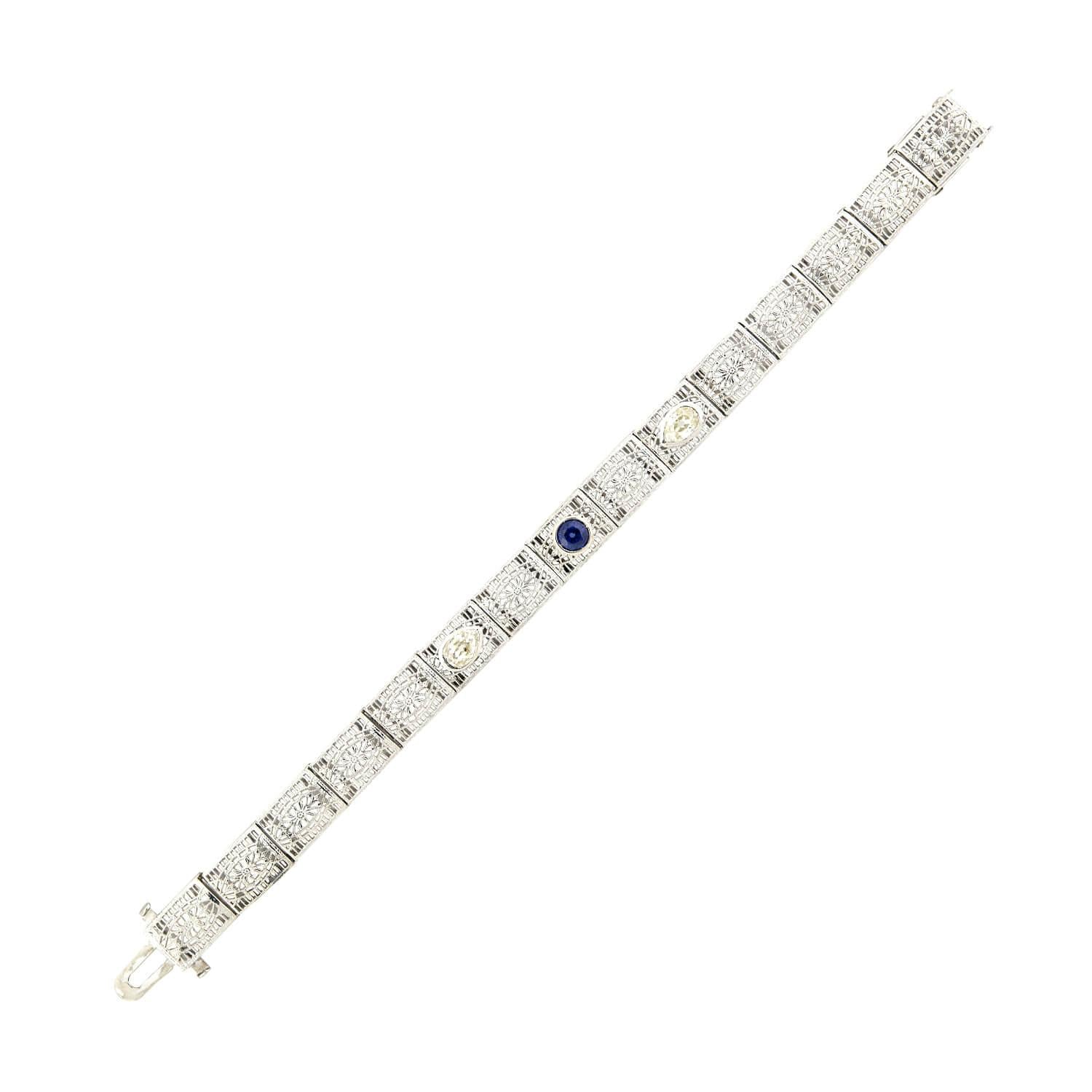 Art Deco 14k Pear Cut Diamond and Sapphire Filigree Line Bracelet