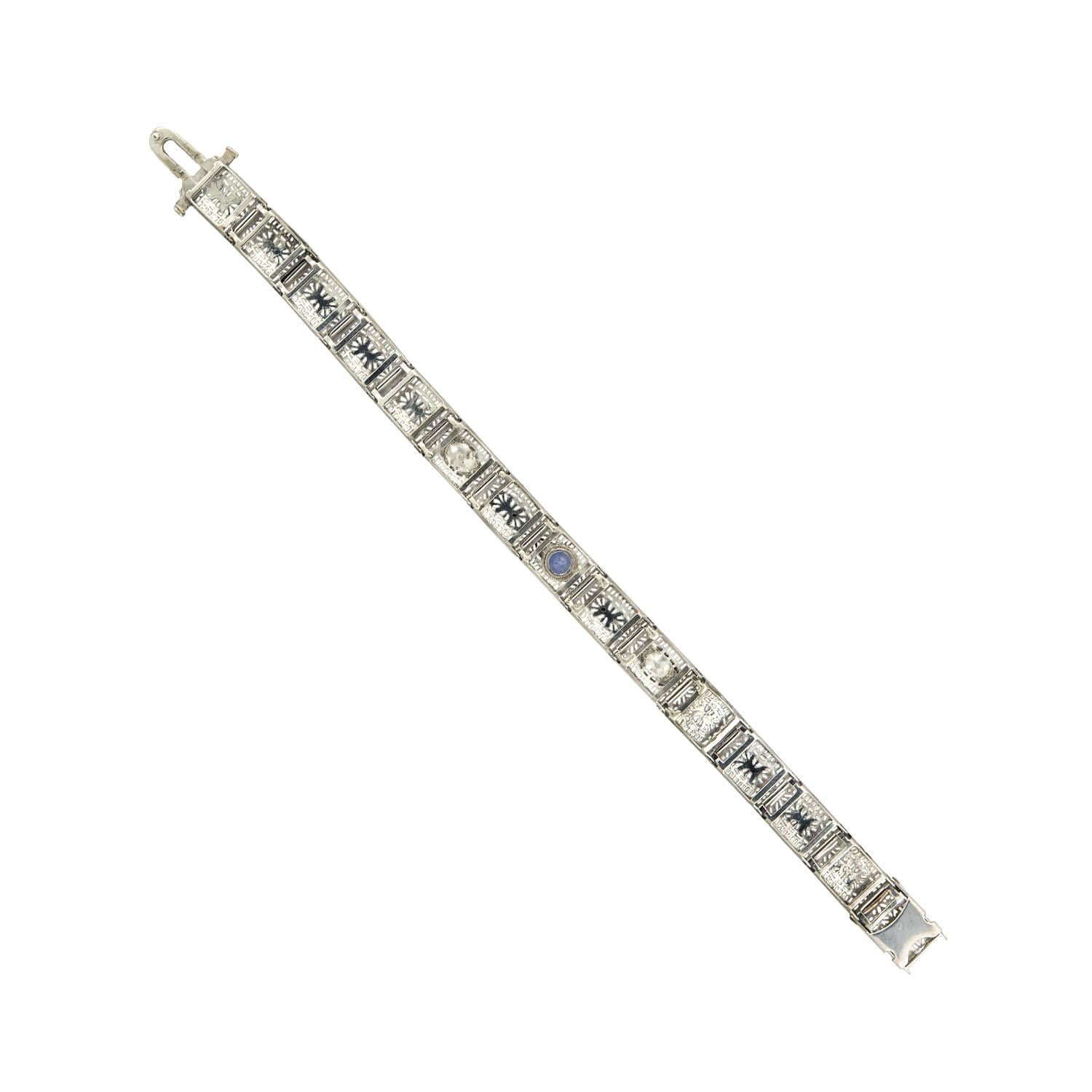 Art Deco 14k Pear Cut Diamond and Sapphire Filigree Line Bracelet