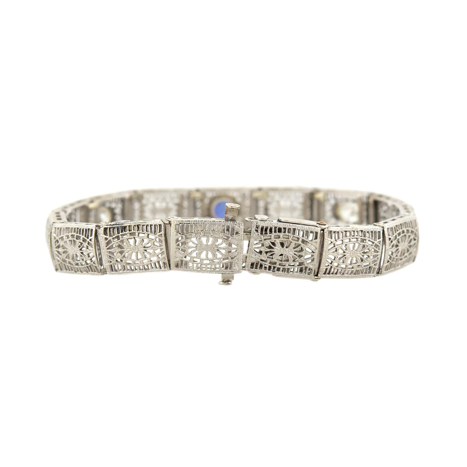 Art Deco 14k Pear Cut Diamond and Sapphire Filigree Line Bracelet