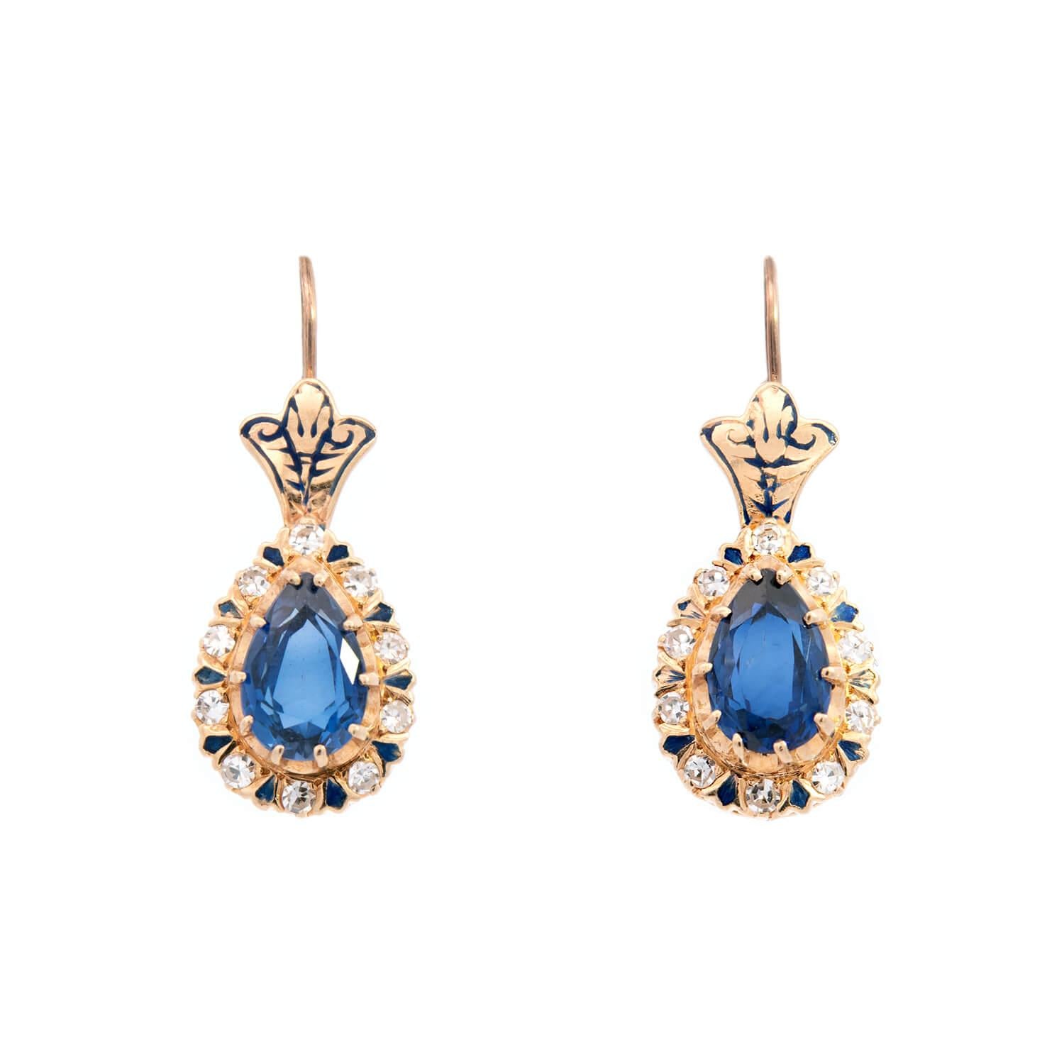 Art Deco 14k Sapphire, Diamond, and Enamel Drop Earrings