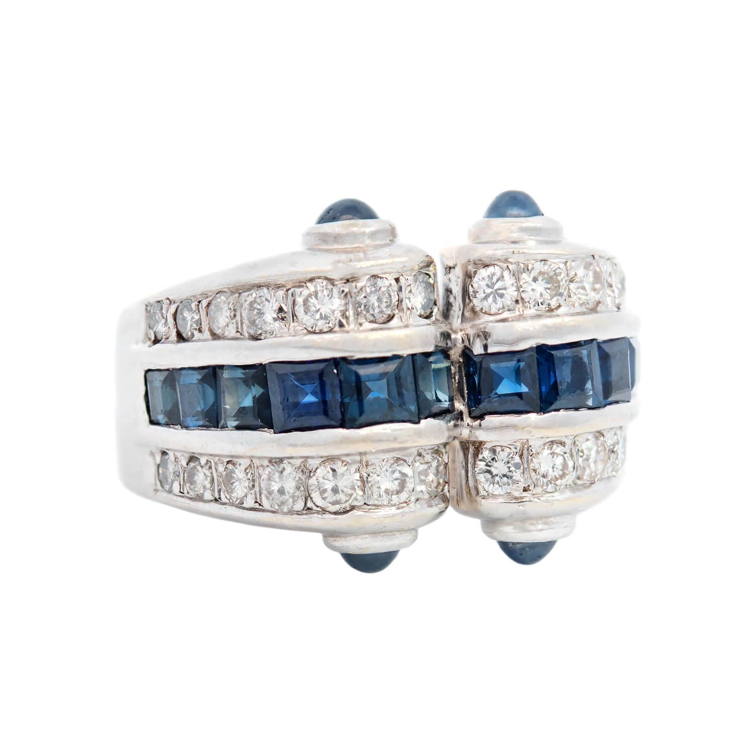 Retro 18k White Gold Diamond and Sapphire Statement Ring