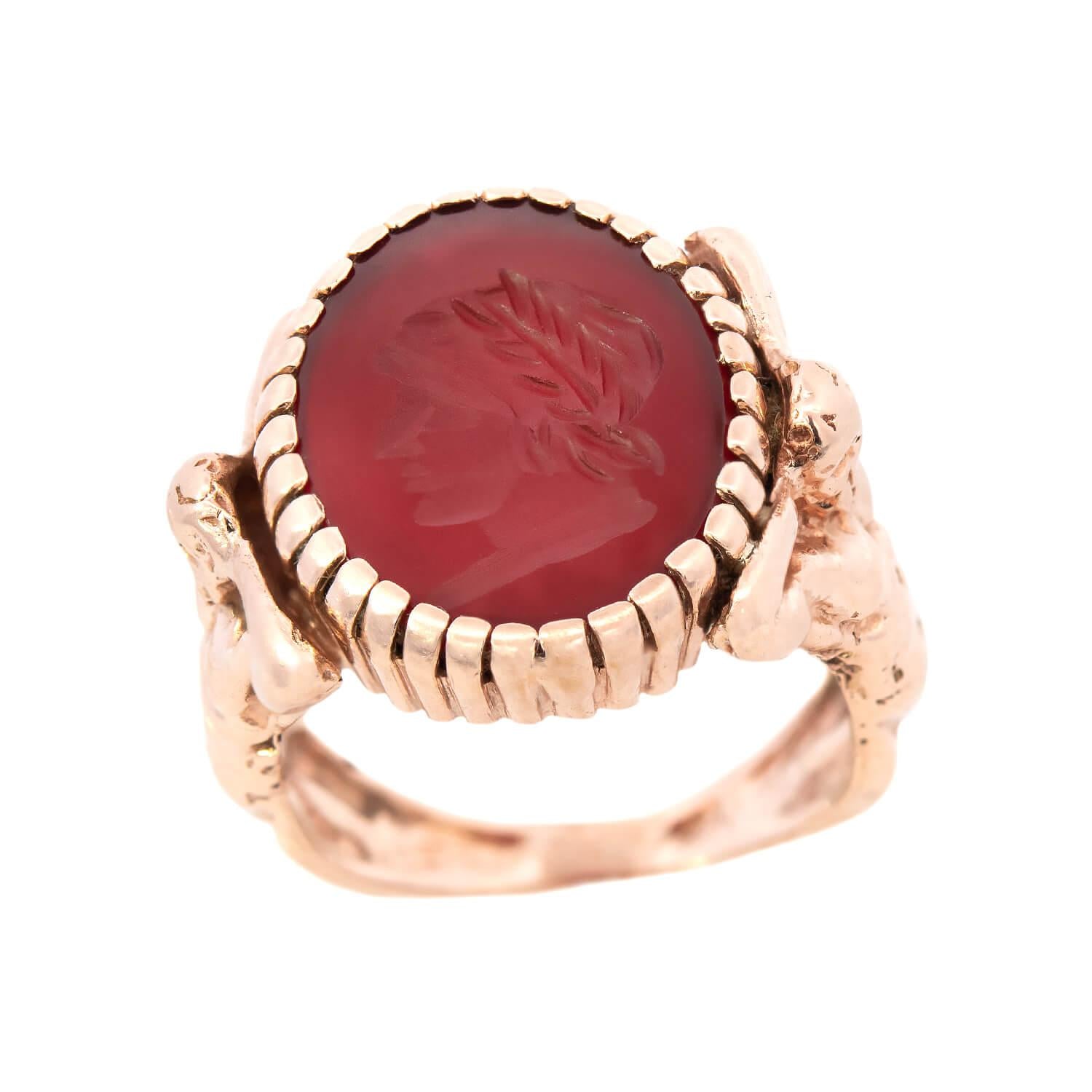 Edwardian 14k Carnelian Intaglio Atlas Signet Ring